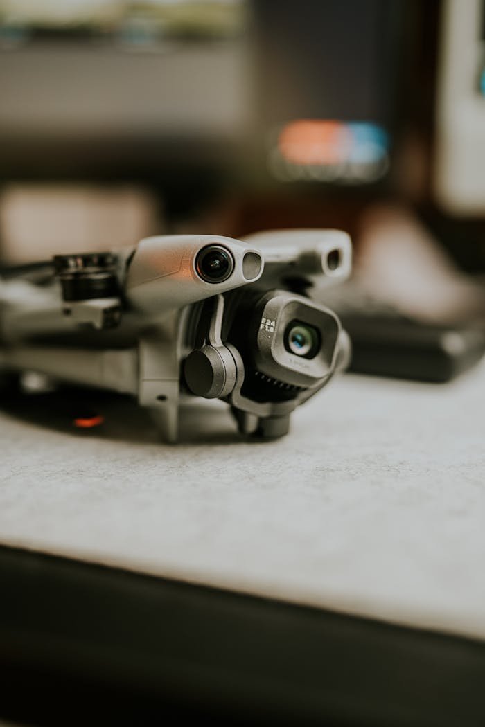 portfolio-01 A detailed close-up of a modern drone with high-tech camera lenses on a desk.